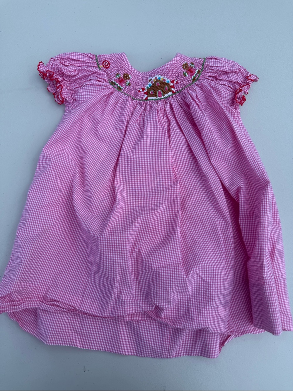 Girls' Pink Gingham Smocked Dress with Floral Embroidery
